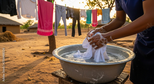 A woman is washing clothes by hand in a large basin outdoors, while other clothes are drying on a clothesline in the background.