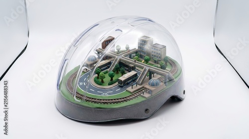 Miniature Smart City Diorama Enclosed in Transparent Helmet, Eco-Friendly Urban Planning Concept on White Background