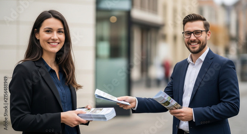 A woman who works as a salesperson is handing out flyers to passersby.
