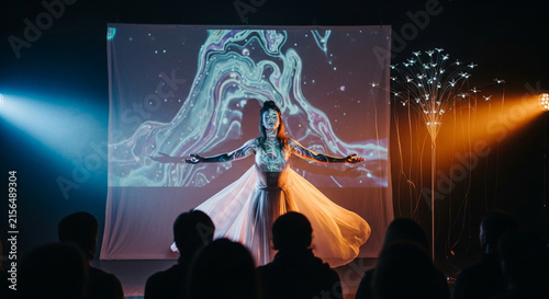 A futuristic fashion show or art performance that combines human models and physical AI technology.