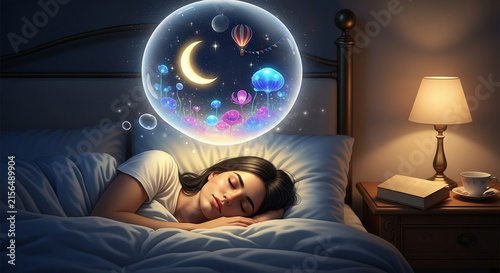 A woman sleeps soundly in bed dreaming of various creative and surreal things in her mind bubble.