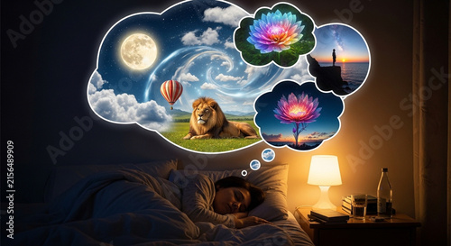 A woman sleeps soundly in bed dreaming of various creative and surreal things in her mind bubble.