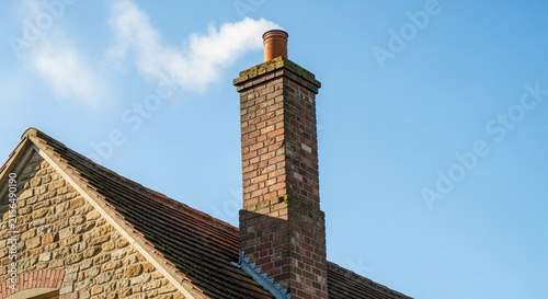 brick chimneys emitting white smoke into the blue sky.