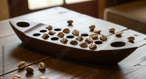 A traditional congklak game board filled with shells or seeds.