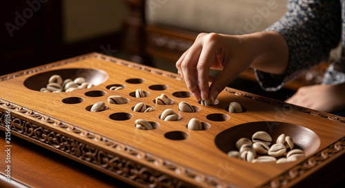 A traditional congklak game board filled with shells or seeds.