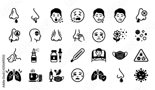 Foto Allergy flu and virus sickness symptoms vector icon set showing runny nose sneez
