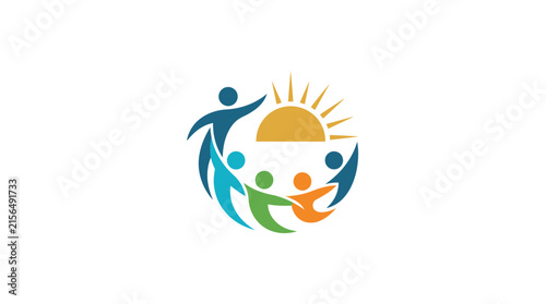 Group of figures holding hands under sun.
