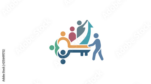 Group of people carrying a large key to a lock.
