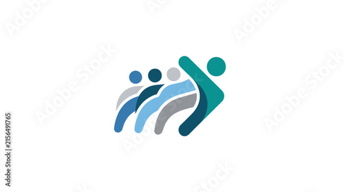 Group of people following teal lead figure in forward motion.
