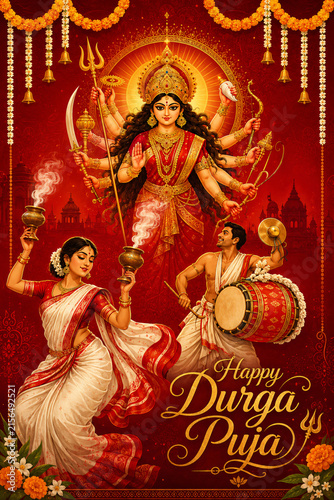 Happy Durga Puja greeting with Goddess Durga, traditional dhak drummer, woman performing aarti and festive marigold decorations