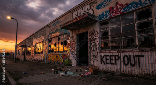 abandoned or damaged buildings with graffiti on their exterior walls
