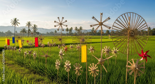 A traditional windmill made of bamboo blades stands in the middle of green rice fields.