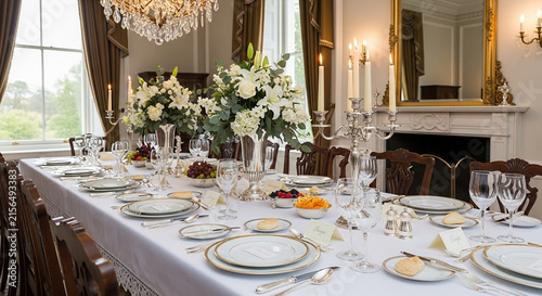 A classic and luxurious formal dining table layout that is usually used for formal dinner parties.