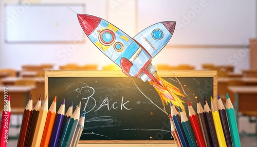 Back to school concept with a colorful rocket drawing soaring over pencils and a classroom board