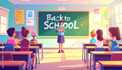 Back to School Cartoon Illustration of Students Sitting in Classroom and Teacher with Chalkboard