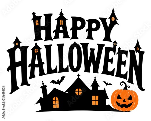 happy halloween background greetings with haunted house and pumpkin