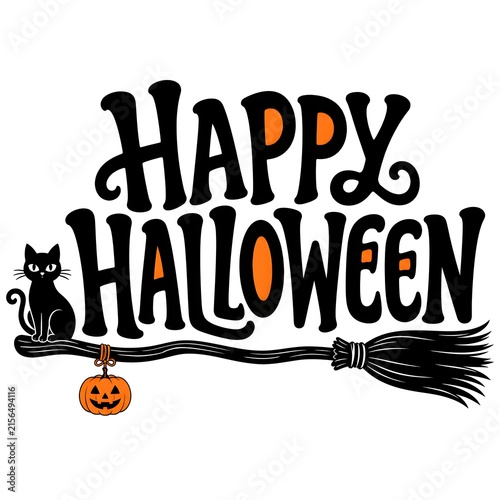 Spooky happy halloween decorative text with black cat