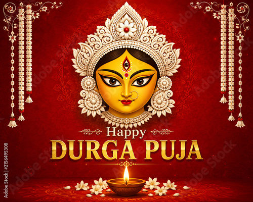 Happy Durga Puja festive greeting featuring Goddess Durga, traditional diya, floral decoration and Bengali cultural artwork