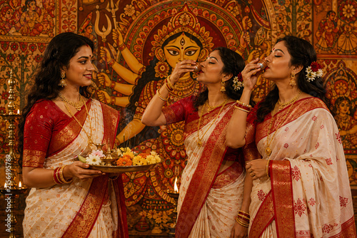 Bengali women in traditional sarees celebrating Durga Puja with devotional offerings at a decorated festival pandal