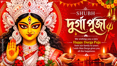 Happy Durga Puja greeting design featuring Goddess Durga, traditional diyas, Bengali festive motifs and devotional celebration