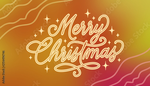 Merry Christmas Calligraphy Lettering on Warm Color Gradient Background with Sparkles and Waves