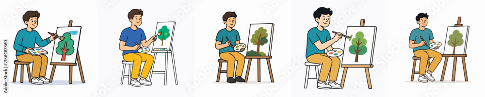 Fototapeta premium Set of vector illustrations of a young man drawing something.