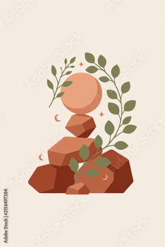 Photography Balanced rock stack with eucalyptus leaves for zen meditation and mindfulness
