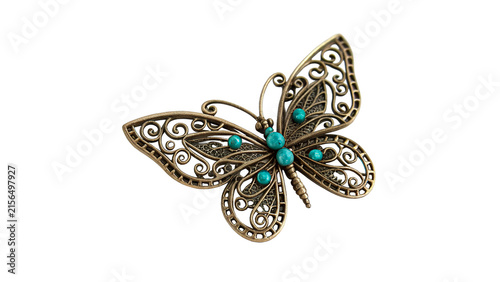 Obraz na plátně Beautiful vintage metallic butterfly brooch with gems isolated on a white backgr