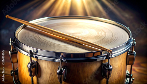 Wooden drumstick resting across a professional snare drum skin head illuminated by dramatic golden stage spotlights