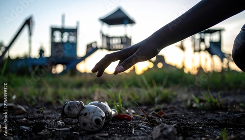 Child's hand reaching for discarded toy marbles on the ground near a weathered playground at sunset