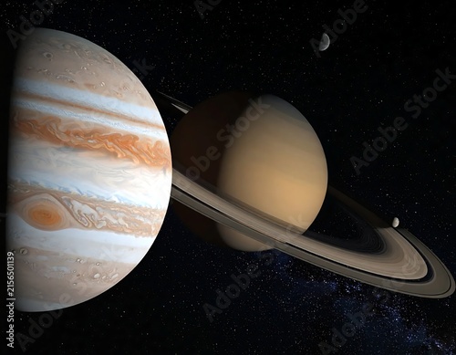 Crescent moon and planet Jupiter in night sky.