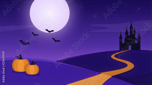 Spooky Halloween night landscape, haunted castle silhouette under full moon, purple night sky with bats and pumpkins isolated on White Background
