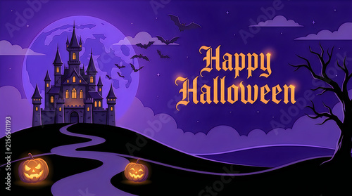 Spooky Happy Halloween banner, haunted castle under full moon, purple night landscape with pumpkins and bats isolated on White Background