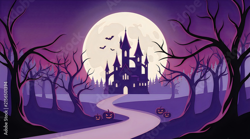 Spooky Halloween castle under full moon, haunted house in dark forest, creepy purple landscape banner isolated on White Background