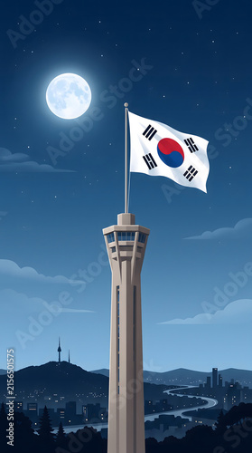 South Korean flag waving on Seoul Tower with full moon and starry night sky, National symbol of Korea, Patriotism, Night cityscape
