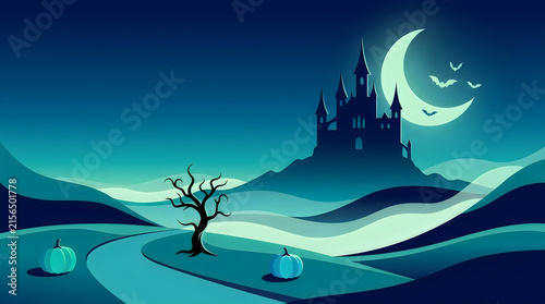 Spooky Halloween castle under crescent moon, haunted gothic fortress in misty night landscape, eerie holiday background isolated on White Background
