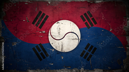Vintage South Korea flag on old wooden wall. Retro national symbol background. Grunge texture with blue and red paint, peeled surface design for travel concept.