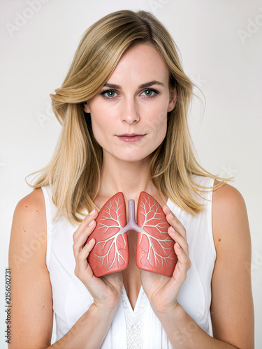A serious young woman holds a realistic anatomical model of human lungs against her chest, symbolizing awareness for cystic fibrosis, respiratory health, and pulmonary medicine support.