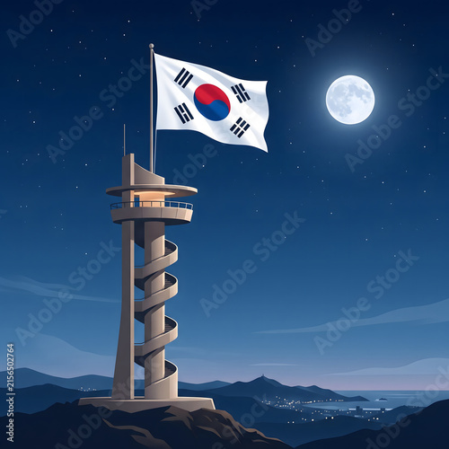 Digital illustration of South Korean flag waving on mountain tower at night, full moon shining. Korean culture symbol 3D design