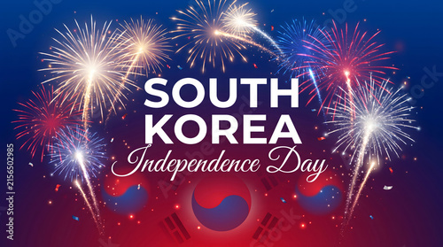 South Korea Independence Day celebration, fireworks lighting up night sky with national flag emblem, vibrant red blue display