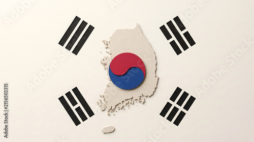 South Korea Map and Flag Design, 3D Symbol, National Identity Concept, Geometric Trigrams, Red Blue White, Patriotic Theme, Asian Culture, Isolated, Minimalist
