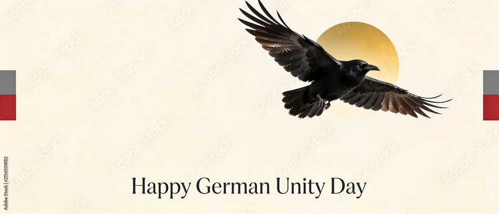 Naklejka premium Happy German Unity Day with a Raven flying towards the sun.