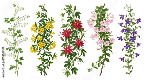 Vintage botanical illustration of climbing flowers, colorful floral vines collection on white background, antique garden plant set