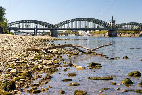 Photograph of low water levels on the Rhine in Cologne.