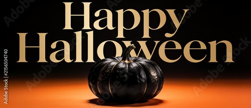 Happy Halloween text with black pumpkin on orange surface.