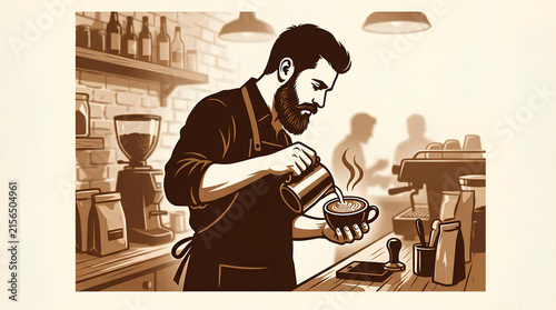 Graphic illustration of bearded barista pouring coffee art.