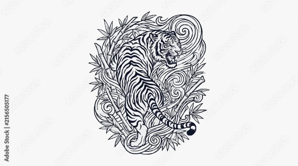 Fototapeta premium Traditional Japanese Tiger Vector Tattoo Design with Bamboo