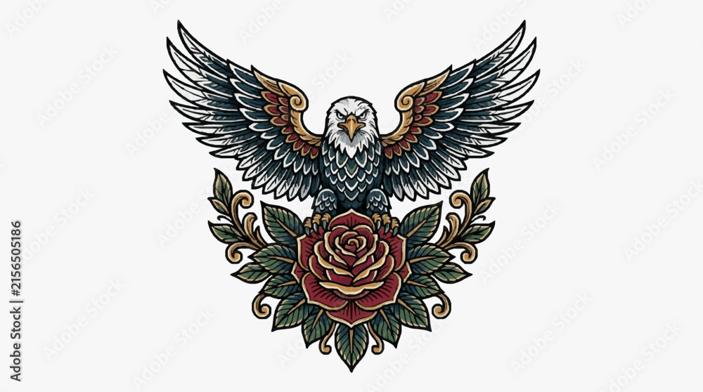 Fototapeta premium Traditional Tattoo Eagle and Rose Vector Illustration
