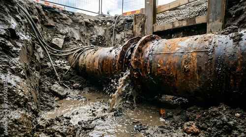 Damaged rusty water pipe leaking in a muddy construction excavation pit.
