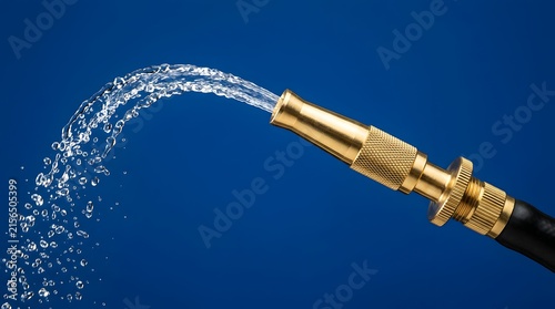 Brass fire hose nozzle spraying water stream against blue background.